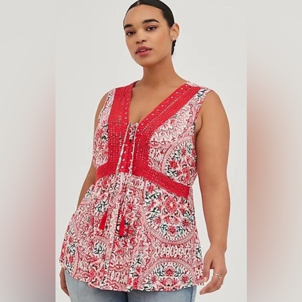 TORRID Red Floral Babydoll Bohemian‎ Summer Sleeveless Top Size 0/L